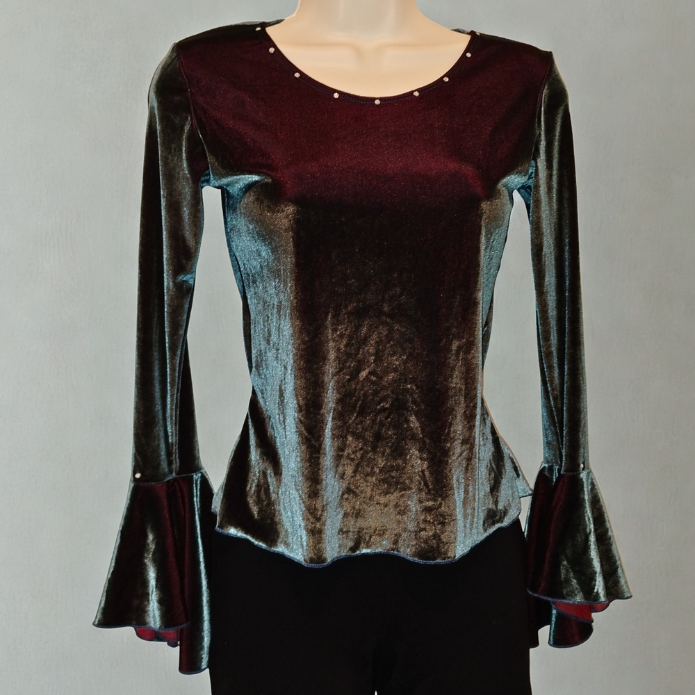 Style Up California Velvet Flare Sleeve Blouse Rhinestone Neckline L